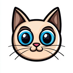 Fototapeta premium Cartoon illustration of a cat's face with large blue eyes and light beige fur