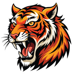 A majestic tiger with vibrant orange and black stripes roars fiercely, displaying its sharp teeth  on White background