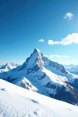 Fototapeta premium Sharp, pristine snow-covered mountain summit against a brilliant blue sky, wispy clouds , peaceful, ice, adventure