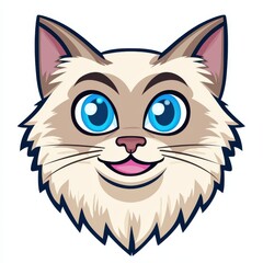 Cartoon illustration of a light beige cat with blue eyes and a happy expression