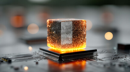 A glowing gold cube rests on a computer chip symbolizing blockchain technology security digital currency and the power of decentralized data in futuristic tech-driven systems