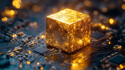 A glowing gold cube rests on a computer chip symbolizing blockchain technology security digital currency and the power of decentralized data in futuristic tech-driven systems