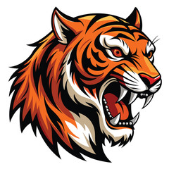 A majestic tiger with vibrant orange and black stripes roars fiercely, displaying its sharp teeth  on White background