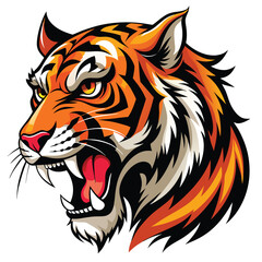 A majestic tiger with vibrant orange and black stripes roars fiercely, displaying its sharp teeth  on White background