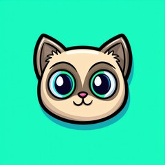 Cartoon illustration of a cat's face with large blue eyes and light beige fur on a teal background