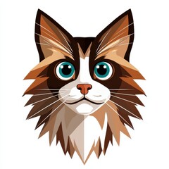 Modern geometric illustration of a cat's face with brown and white fur and vivid blue-green eyes