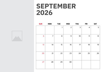 September 2026 Calendar. Week start on Sunday. Desk calendar 2026 design, simple and clean design, Wall calendar for print, digital calendar, Corporate design planner template vector.