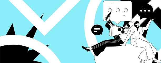 Virtual characters social communication concept business flat vector hand drawn illustration
