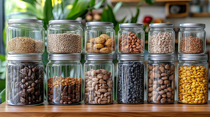 Organized pantry shelf with modern clear glass jars filled with assorted dry foods neatly labeled symbolizing simplicity cleanliness mindfulness and sustainable living through intentional storage

