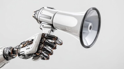 hand Robot holding megaphone isolated on white background, suitable for sales, target, announcement, news, ai robot