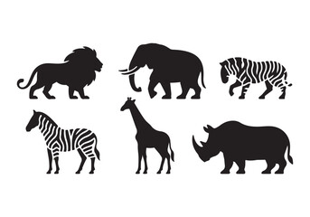 Wild Animal Silhouettes: Lion, Elephant, Zebra, Giraffe, Rhino Vector