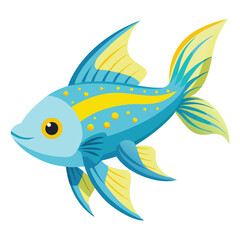 A solitary, pale blue fish with vibrant yellow accents along its dorsal fin and tail fin is captured  on White background