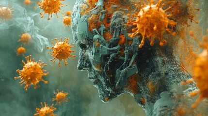 Virus attacks robotic human head with exposed inner mechanisms