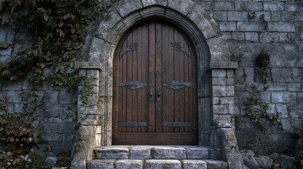 Rustic wooden door with stone archway in an overgrown setting