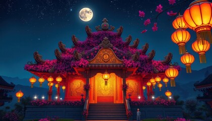 Fototapeta premium Illuminated Temple With Purple Flowers And Lanterns