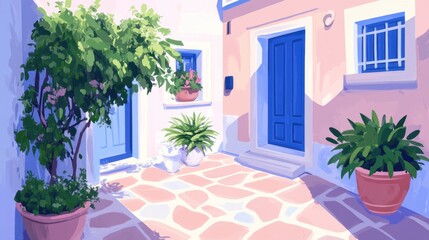 Fototapeta premium Sunkissed Greek courtyard blue doors potted plants vibrant shadows