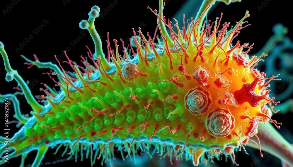 Poster microscopic view of a colorful virus cell, 3d rendering