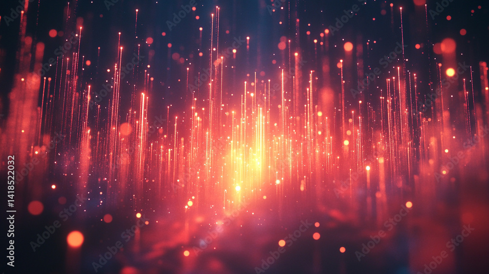 Poster red optical fibers glowing in the dark symbolize high speed internet connectivity and data transfer 