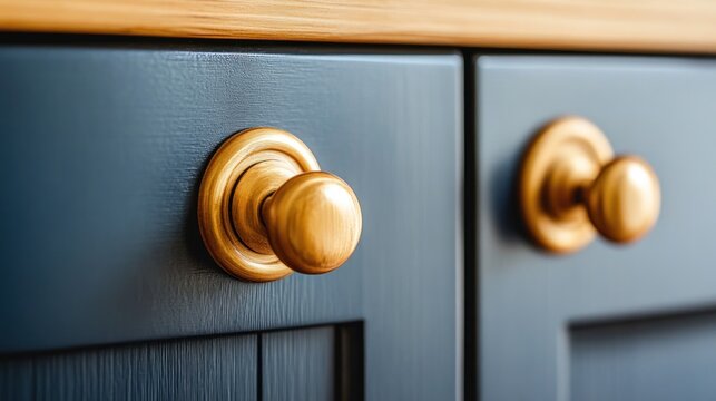 Two golden cabinet knobs on dark blue kitchen cabinets.