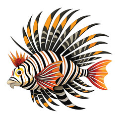 A striking lionfish with zebra-like stripes and elaborate spiky fins floats gracefully on White background © Md. Habibur