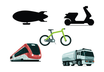 Various Transportation Modes Vector: Airship, Bicycle, Scooter, Train, and Truck