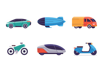 Futuristic Vehicles Vector: Electric Car, Airship, Bicycle, Van, and Scooter