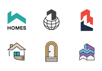 Real Estate and Home Icons Vector: House, Globe, Door, and Modern Architecture