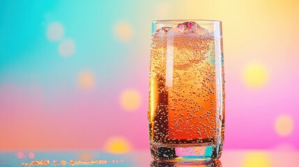 Refreshing Carbonated Drink in Transparent Glass Over Colorful Background