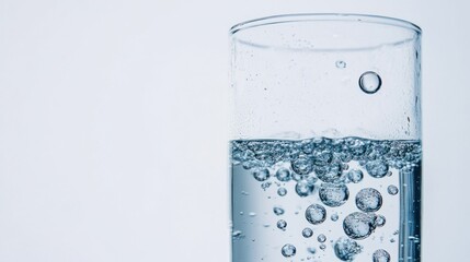 Clear Glass of Water with Air Bubbles and Ripples on White Background