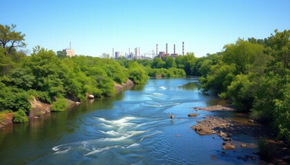 Fototapeta premium River Flowing Through Lush Vegetation Towards Cityscape Under Bright Sunshine