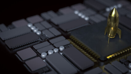 The Gold Rocket on Mother Board for Business concept 3d Rendering.