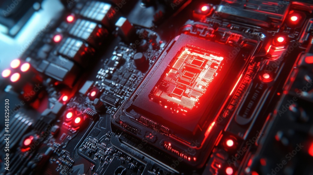 Poster futuristic computer motherboard with illuminated red circuitry
