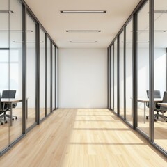 Obraz premium Bright Modern Office Hallway with Glass Cubicles. Ideal for corporate websites, business advertisements, office design graphics, workplace environment visuals