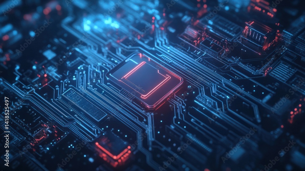 Poster abstract circuit board design with neon lights and colors