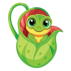A tiny, bright green frog with large eyes peeks out from inside a curved, veined pitcher plant  on White background