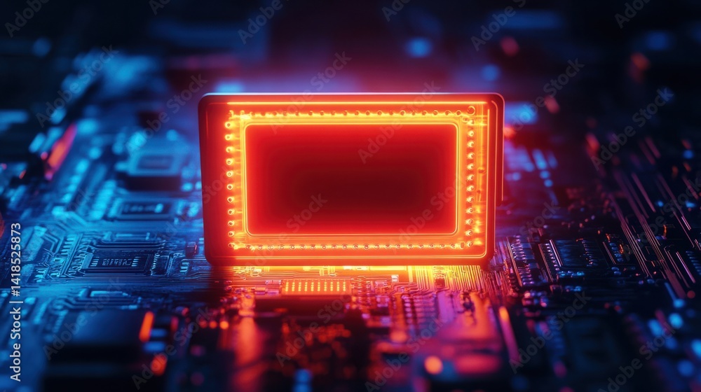 Poster bright neon frame on circuit board creating futuristic technology scene