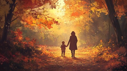 Fototapeta premium Illustration of mother and child holding hands walking through autumn park