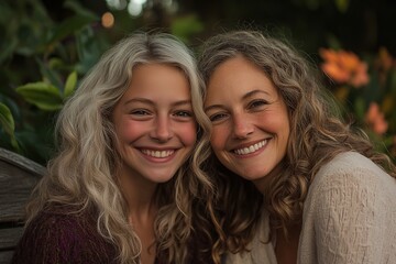 Obraz premium Generational portrait of mother, daughter, and granddaughter sharing laughter on garden bench