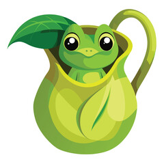 A tiny, bright green frog with large eyes peeks out from inside a curved, veined pitcher plant  on White background