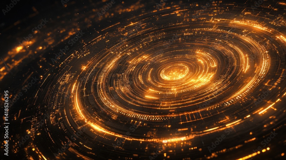 Poster glowing circular pattern of bright lights in space environment