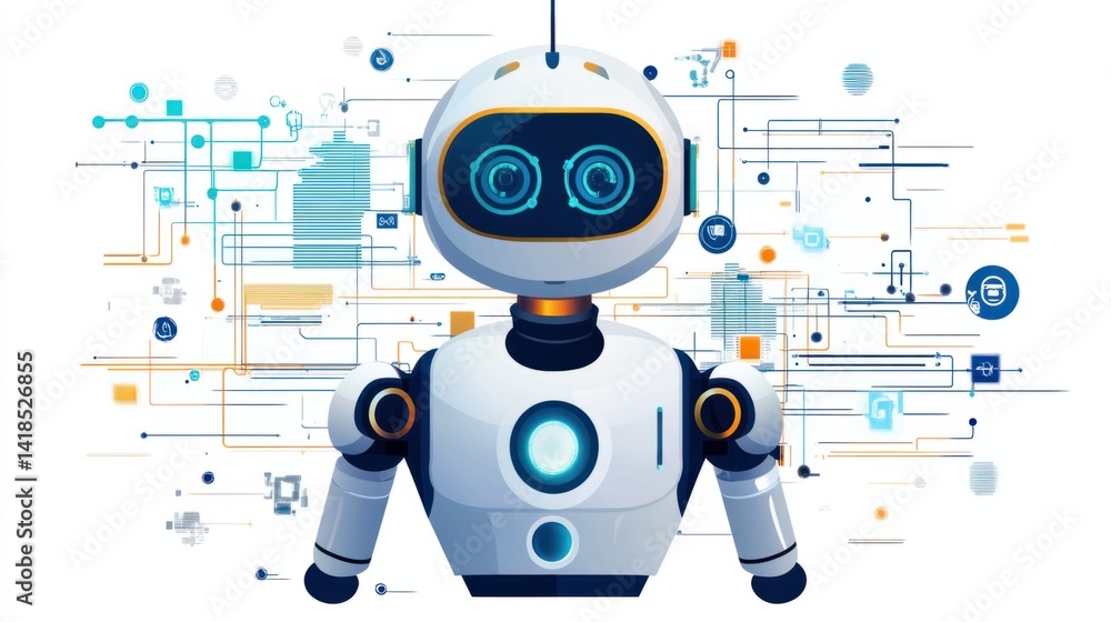 Poster friendly robot surrounded by digital connections and patterns