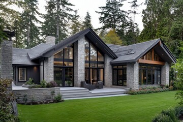 Fototapeta premium Modern architectural design of a spacious home surrounded by lush greenery in a serene forest setting during late afternoon