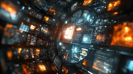 Fototapeta premium Futuristic technology tunnel displays intricate data and illuminated panels