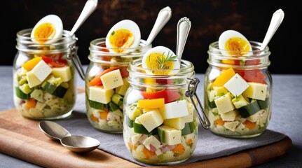 Colorful layered salads in glass jars with boiled eggs and fresh greens on a dark background create a visually appealing and nutritious meal option