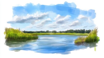 Obraz premium Tranquil marshland scene water grass sky peaceful vibe