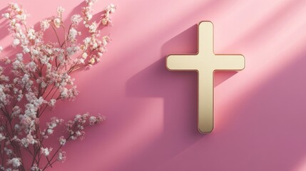 Obraz premium Golden Cross and Delicate Blooms: A Serene Pink Minimalist Composition