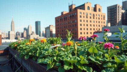 Vibrant Rooftop Garden Amidst City Buildings