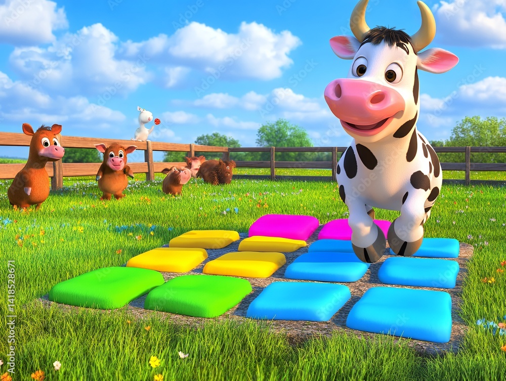Poster whimsical playful cartoon character creating joyful scenes with colorful patterns in a pleasant outd