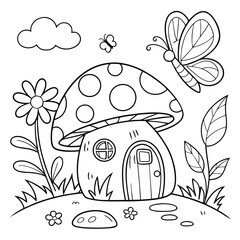 Cute Mushroom House Coloring Page with Butterfly and Flowers