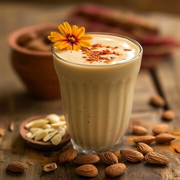Traditional Indian kesar badam saffron almond milkshake served in clay cup